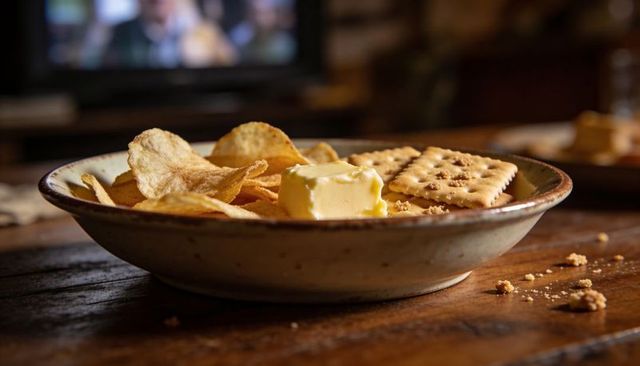 Serving rustic snack bowl with potato chips, buttery pat and salted crackers on wooden table, cozy h