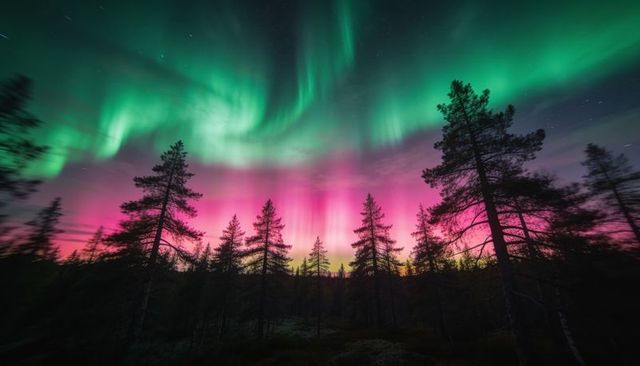 Glowing northern lights sweeping sky over taiga pine forest in vivid pink and green