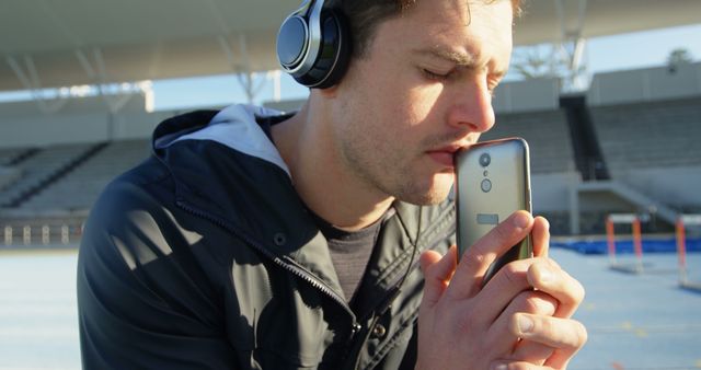 Man with headphones leaning on smartphone at outdoor stadium - Download Free Stock Images Pikwizard.com