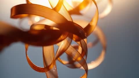 Hand holding spinning amber wood shavings glowing in backlit sunlight with golden bokeh