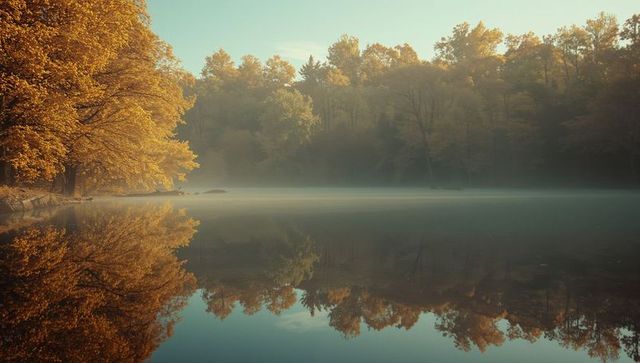 Golden Autumn Trees Reflecting in Serene Misty Lake