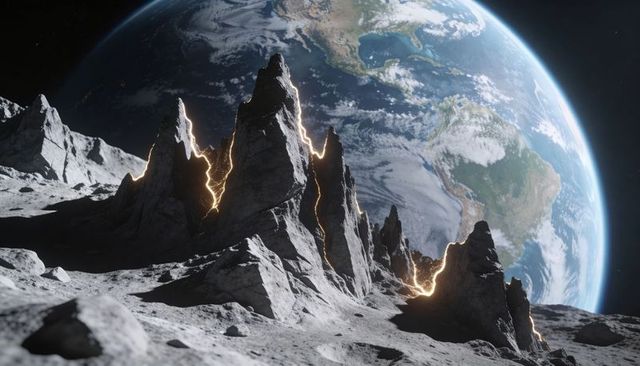 Lunar spire fissures releasing golden glow with earthrise over cratered rocky foreground