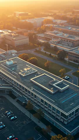 Drone ascending over university campus during golden hour revealing main building and rooftop units
