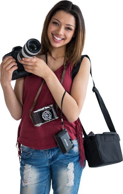 Smiling Young Woman Photographer Holding DSLR on Technical Transparent Background - Download Free Stock Videos Pikwizard.com