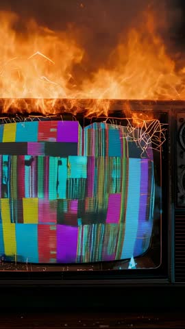 Vintage CRT Television Sparking and Burning Color Test Pattern Emitting Smoke Vertical