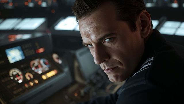 Focused airline pilot monitoring flight instruments in dim cockpit lighting, close-up