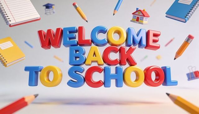Colorful 3d welcome back to school lettering floating with pencils notebooks icons playful