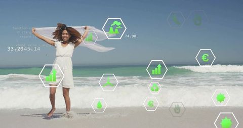 Happy Woman Embracing Sustainable Tech on Sunny Beach