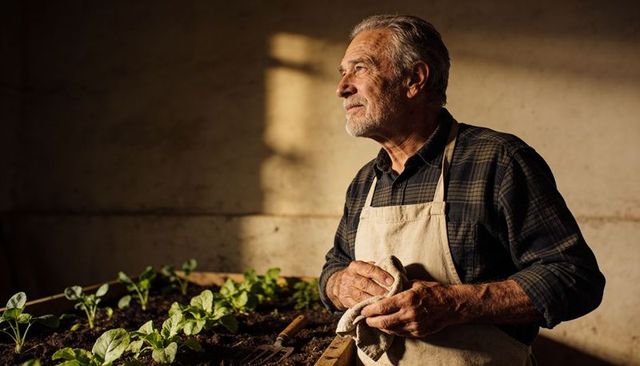 Senior gardener wiping hands while tending seedlings in sunlit greenhouse shed