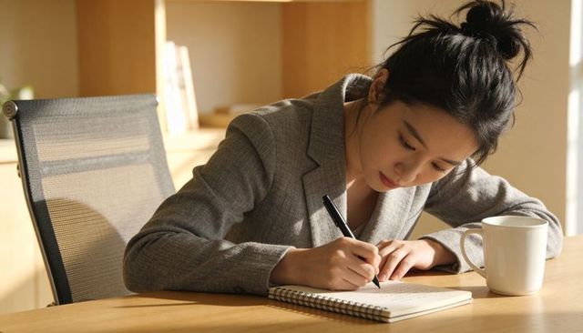Focused asian professional writing in spiral notebook at wooden desk in bright office with coffee mu