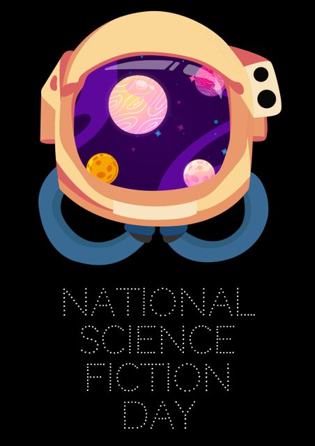Digital composite of national science fiction day text with astronaut helmet and planets reflection. science and imagination.