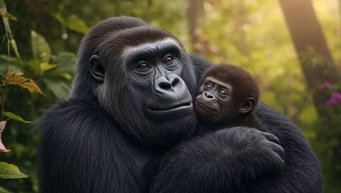 Gorilla mother cradling infant in golden forest light