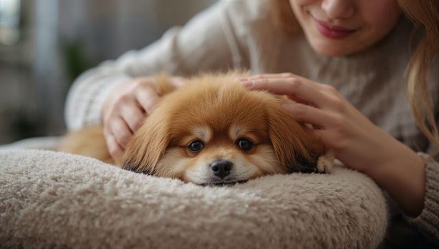 Woman petting small fluffy pomeranian puppy on plush bed, cozy home cuddle moment