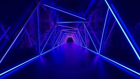 Futuristic Neon Geometric Tunnel with Reflective Blue and Magenta LED Frames
