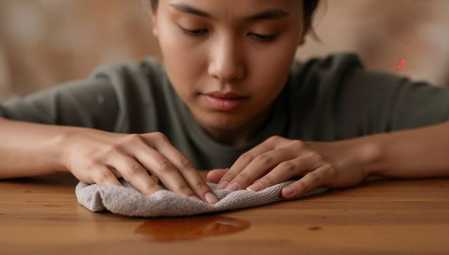 Young woman wiping wood table with microfiber cloth while leaning over spill, closeup home