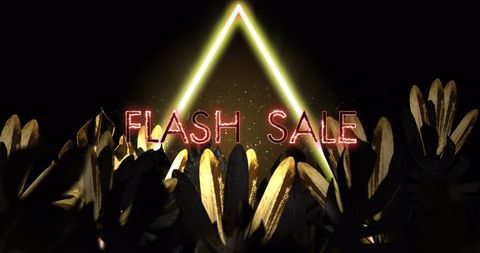 Neon flash sale text with triangular highlight and leaf pattern