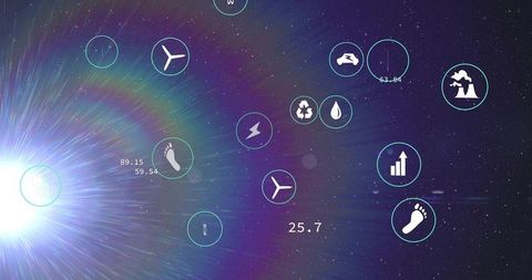 Futuristic energy dashboard with floating circular icons, metrics and emissions data