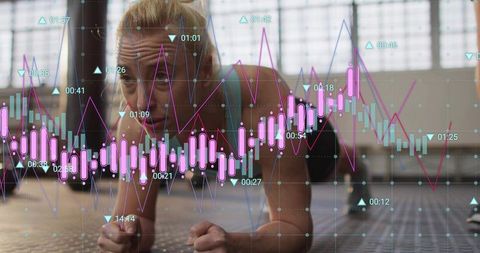 Planking athlete in gym with augmented performance data overlay for fitness analytics