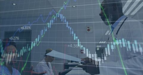 Healthcare Professionals Analyzing Data Overlaying Financial Dataset