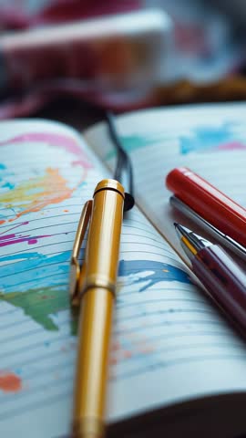 Shifting focus across open watercolor notebook, gold pen and brush in vertical art video