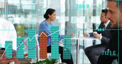 Business Team Analyzing Financial Charts in Modern Office with Data Overlay and Graphs