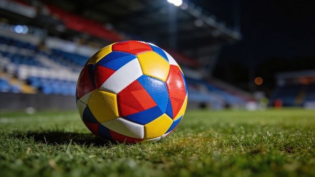 Resting colorful soccer ball on night stadium pitch under bright floodlights, detailed texture