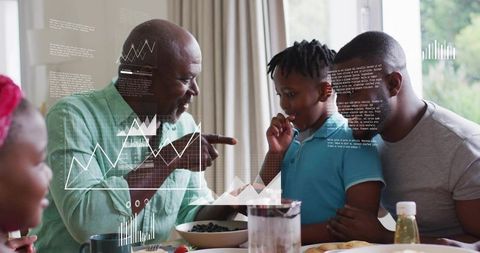 Grandfather Guiding Young Child at Breakfast with Father Nearby and Data Overlay