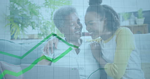 Mother and Daughter Analyzing Data on Laptop with Graph Overlay