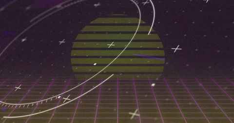 Futuristic neon synthwave landscape with digital elements