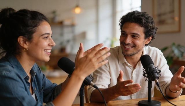 Smiling co-hosts discussing and gesturing during casual home podcast recording session