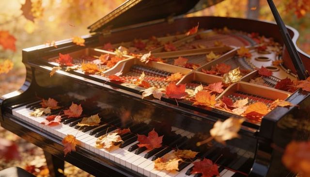 Glistening grand piano resting in sunlit autumn clearing with scattered maple leaves
