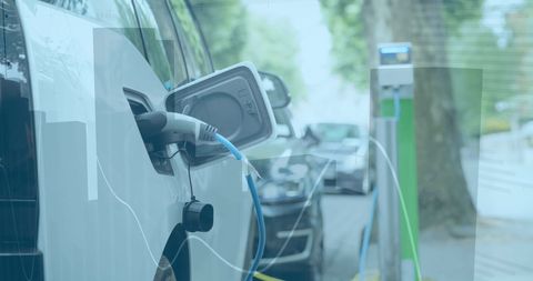 Electric Car Charging Station with Futuristic Data Overlay - Download Free Stock Images Pikwizard.com