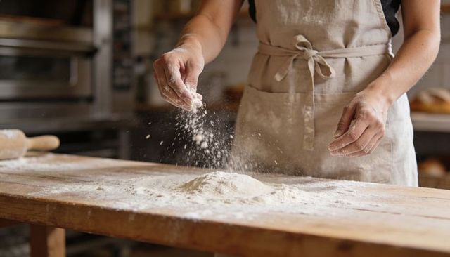 Artisan baker sprinkling flour on wooden table, preparing dough in rustic bakery