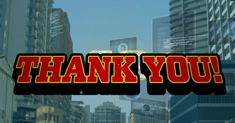 Thank you text with futuristic city data overlay