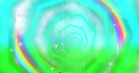 Futuristic Digital Tunnel with Luminous Concentric Hexagons and Rainbow Arcs