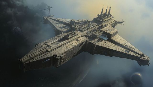 Massive capital starship gliding over nebula with armored hull, spires and hangar bays