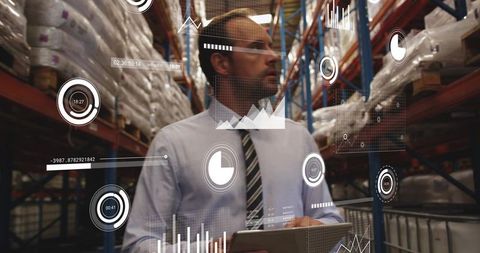 Warehouse manager checking tablet with AR analytics for inventory control and logistics