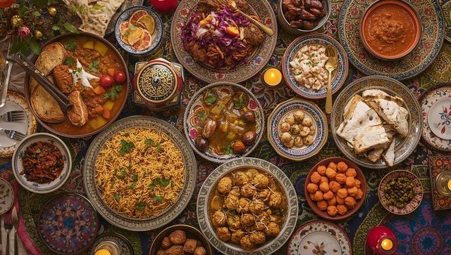 Ornate middle eastern feast with colorful rice, stews, flatbreads and decorative candles
