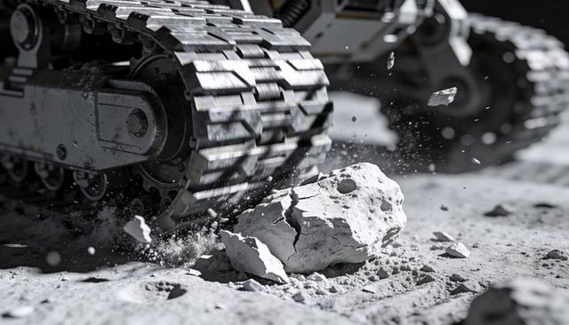 Crawler tread crushing fractured rock on dusty ground, undercarriage kicking up dust and debris