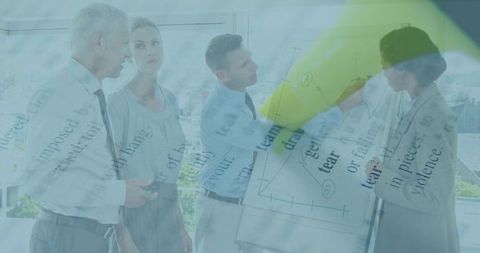 Business team collaborating around flipchart while analyst circling data with yellow marker