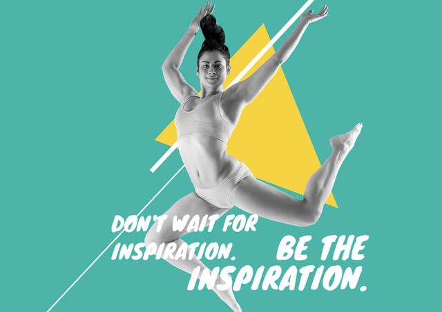 Captures a dynamic female dancer mid-leap in modern sportswear, overlaid with a motivational quote. Great for promoting fitness programs, dance classes, or athletic clothing brands. Use in campaigns focused on empowerment, creativity, and active lifestyles.