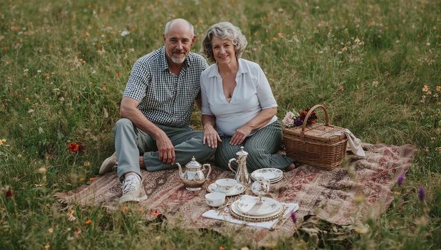 Senior couple enjoying vintage tea picnic in wildflower meadow, smiling and relaxing