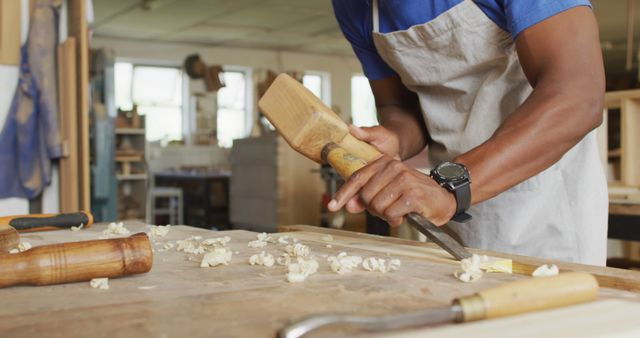 Carpenter Using Chisel on Wooden Project in Workshop - Download Free Stock Images Pikwizard.com