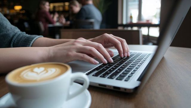 Hands Typing on Laptop with Coffee at Cafe Table