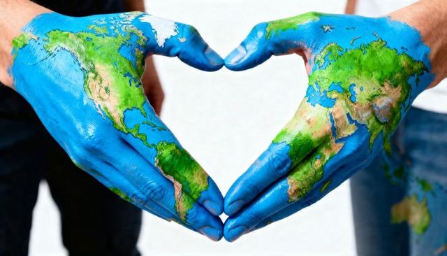 Hands painted with world map forming heart shape celebrating global unity and conservation