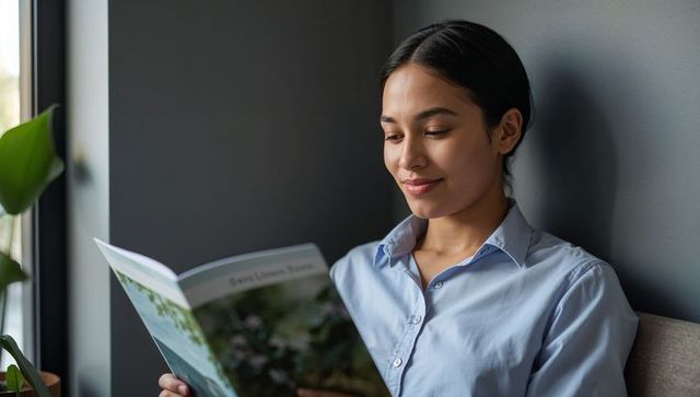 Young woman reading botanical magazine by window in calm minimalist interior with plant
