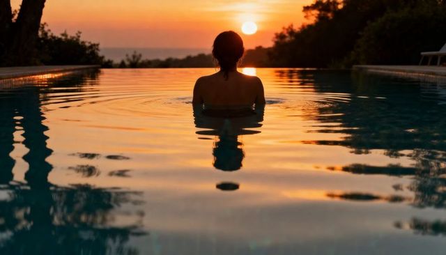 Woman relaxing in infinity pool at sunset silhouette reflecting warm ripples resort evening