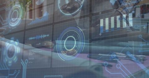 Projecting holographic HUD over laptop keyboard with analytics dashboard, charts, waveforms