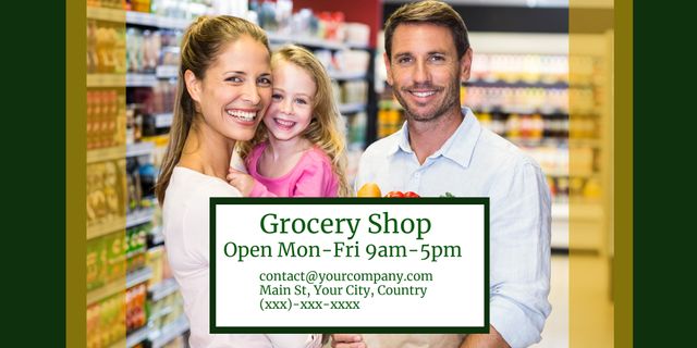 This image shows a cheerful family shopping in a grocery store, making it perfect for local grocery store advertisements, community event announcements, and promotions. The family-oriented setting emphasizes community bonding and caring, suitable for use in marketing materials targeting families or local neighborhoods. The open hours and contact details make it practical for creating personalized banners, brochures, or social media posts for businesses.