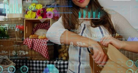 Woman arranging produce at rustic market stall with data overlays showing market analytics
